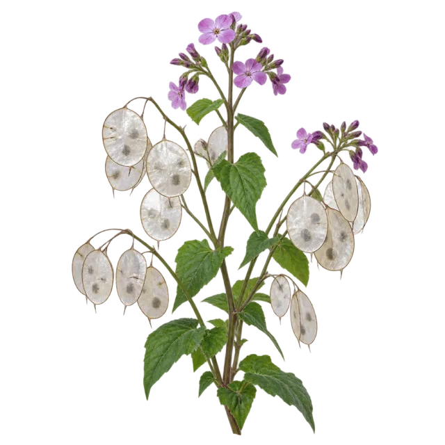 A branching plant with translucent-looking oval seed pods and small purple flowers
