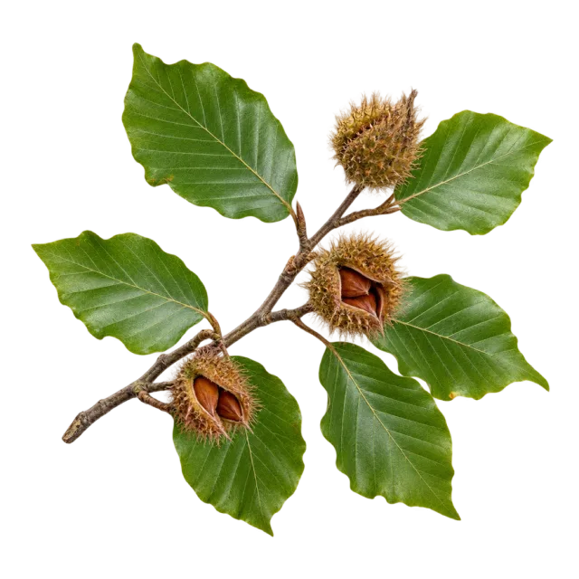 A short branch with broad green leaves and brown husks containing nuts