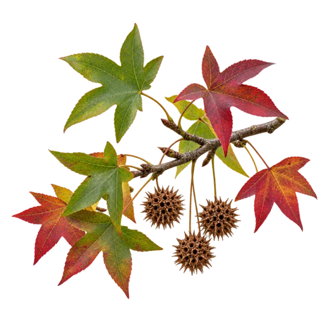 A branch bearing pointed green and red leaves and round spiky seed balls