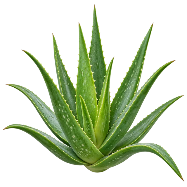 Rosette of long pointed green aloe leaves with pale speckles and toothed edges on a transparent background