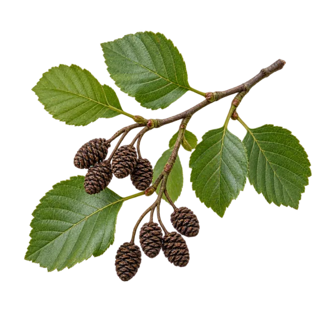 A leafy twig carrying clusters of small dark brown cone-like structures