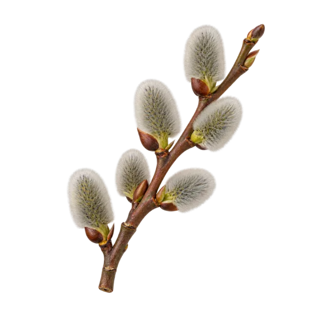 A slender brown twig lined with soft gray oval catkins