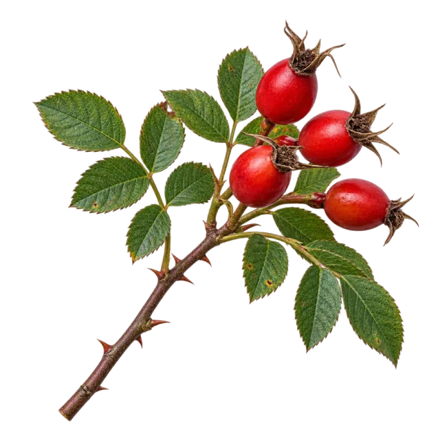 A thorny branch carrying oval red rose hips and serrated green leaves