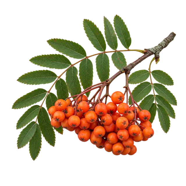 A branch with rows of narrow green leaflets and a hanging cluster of orange berries