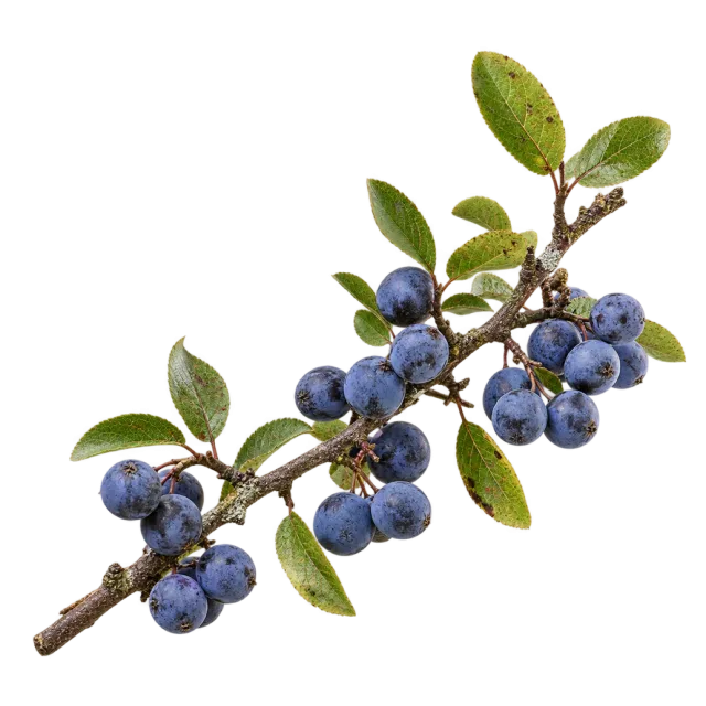A woody twig with small green leaves and round dusty-blue berries