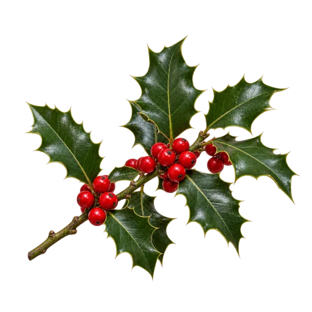 Glossy dark green holly leaves with pointed edges surrounding bright red berries