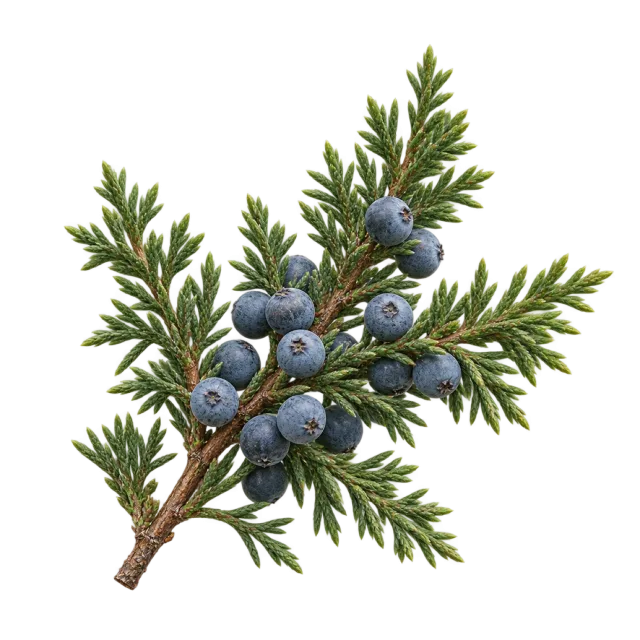 A green needle-like sprig bearing clusters of round dusty-blue berries