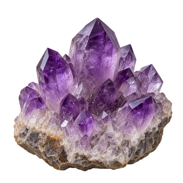 Cluster of pointed purple crystals on a rough stone base on a transparent background