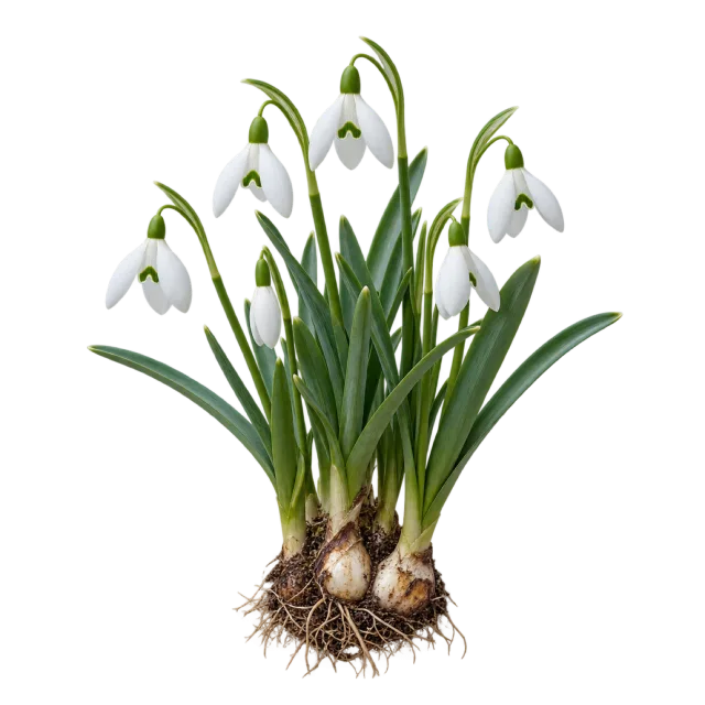 A clump of white drooping flowers with narrow green leaves, bulbs and exposed roots