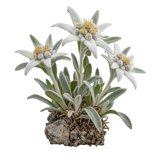 White star-shaped flowers with yellow centers and silvery foliage above a small rock