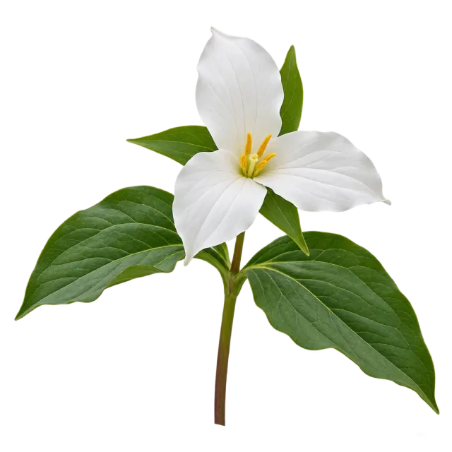 A white three-petaled flower with a yellow center above three broad green leaves