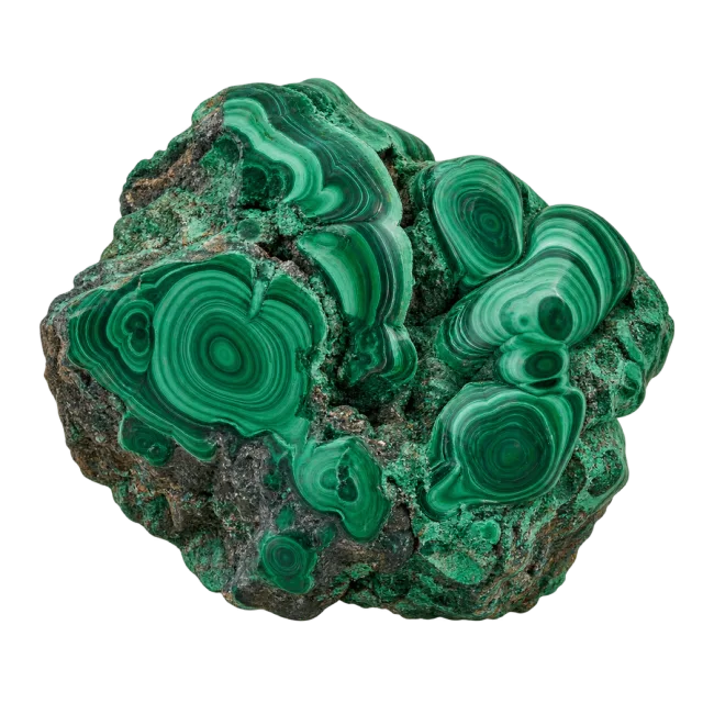 A rough green mineral specimen with rounded surfaces and concentric dark and light bands