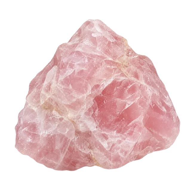 A rough pale pink crystal chunk with cloudy translucent-looking facets