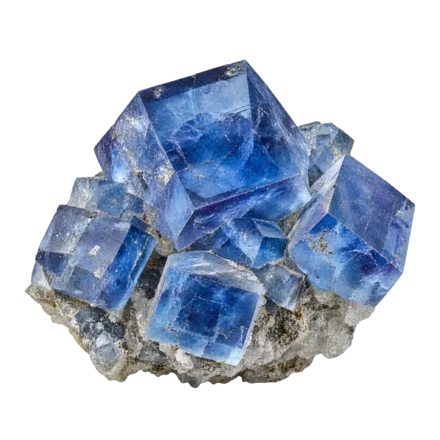 A cluster of blue cubic crystals with clear edges and pale internal reflections