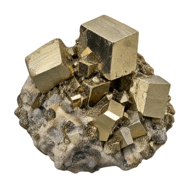 A cluster of angular metallic gold-colored cubes on a rough mineral base