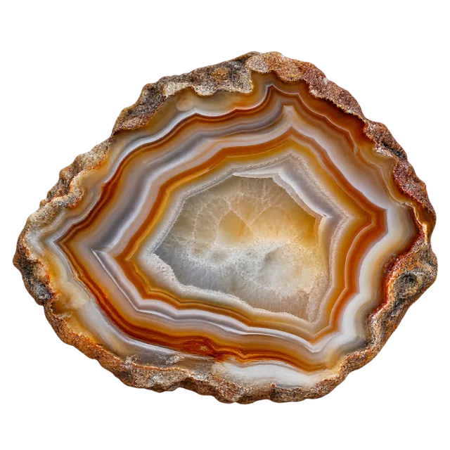 A sliced stone with concentric orange, brown and white bands around a pale center