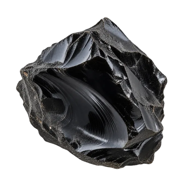 A black glassy stone with sharp edges and curved reflective fracture surfaces