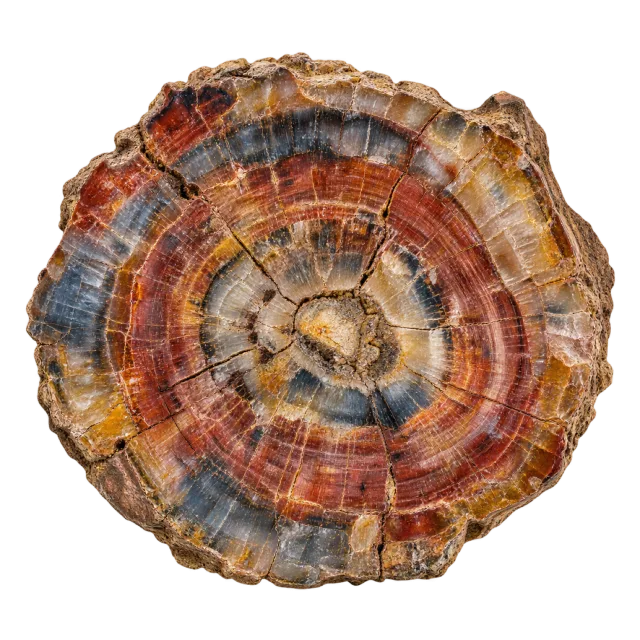 A round wood-like stone cross section with concentric reddish, gold and dark bands