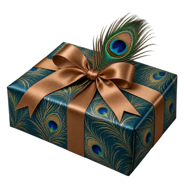 A dark teal parcel with peacock-feather patterns, a bronze bow and an upright peacock feather