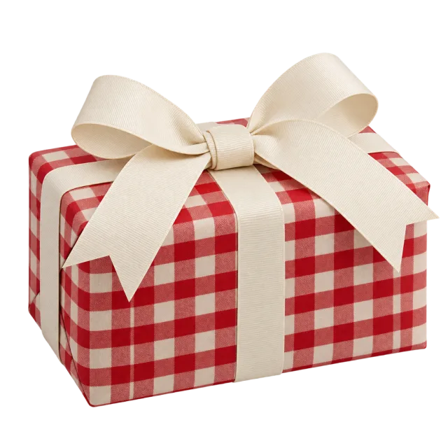 A rectangular present wrapped in red-and-white gingham with a large cream bow