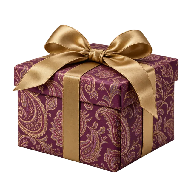 A burgundy paisley-patterned gift box tied with a gold ribbon bow
