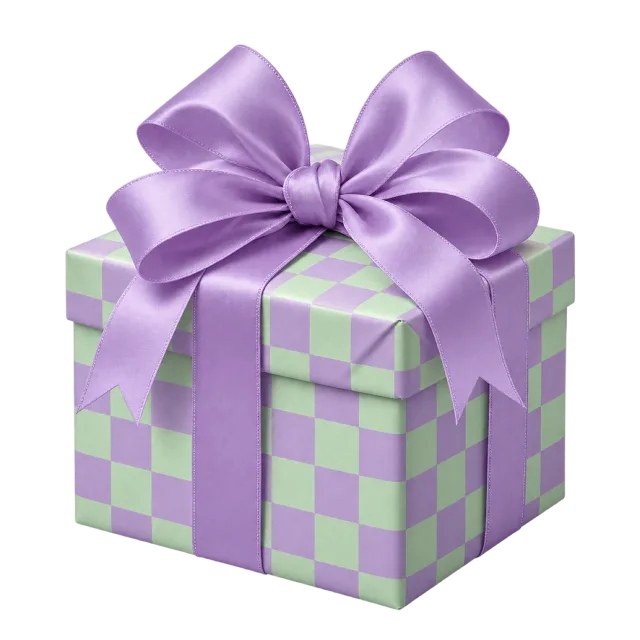 A mint-and-lavender checkerboard present topped with a large purple bow