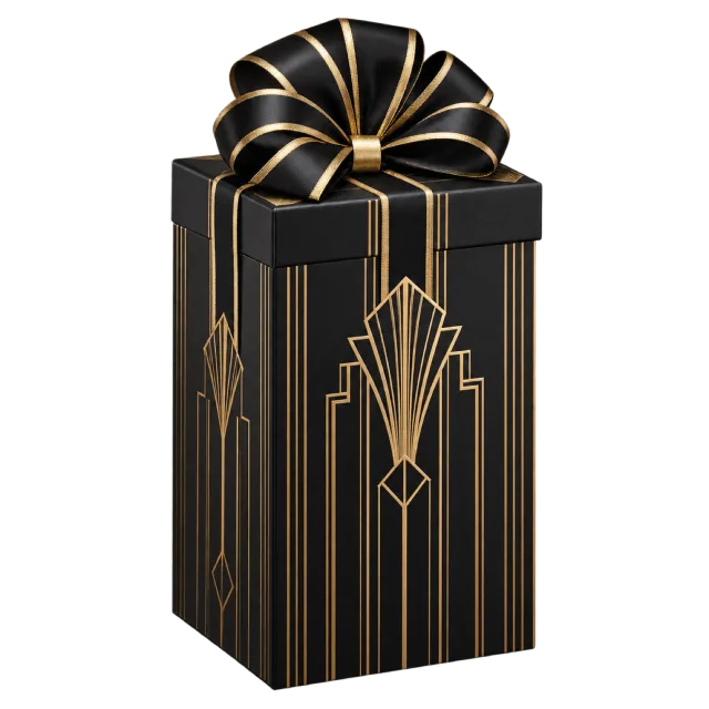 A tall black gift box with fine gold geometric decoration and a black-and-gold bow