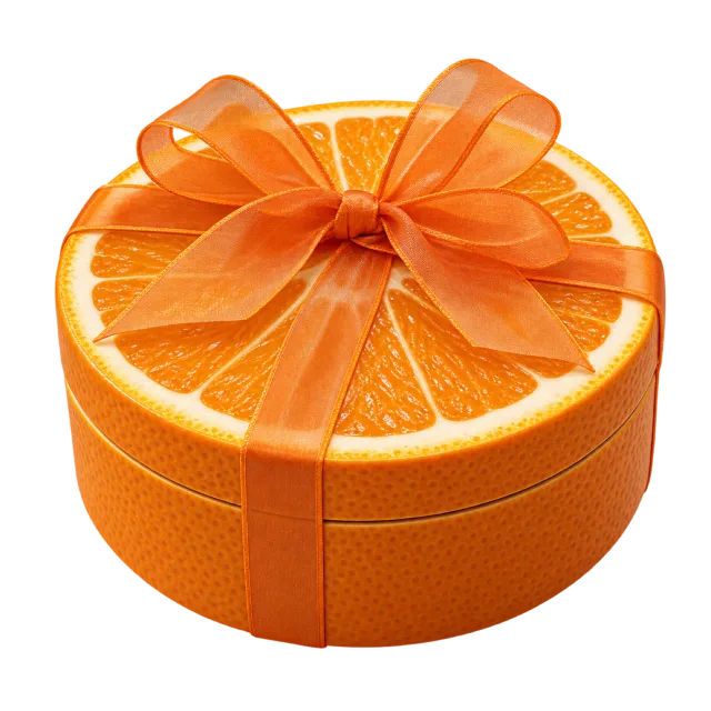 A round orange-slice gift box tied with a translucent orange bow