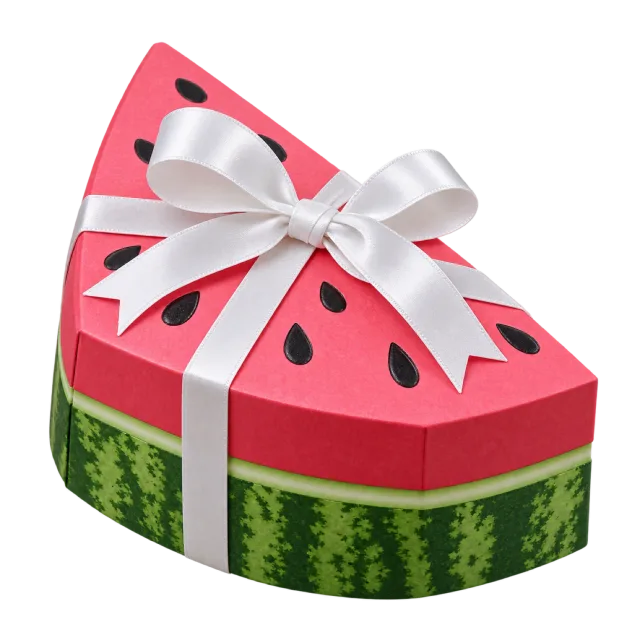 A watermelon-wedge box with pink flesh, black seeds, green rind and a white bow
