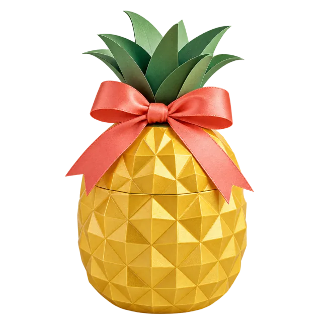 A faceted gold pineapple-shaped box with pointed green leaves and a coral bow