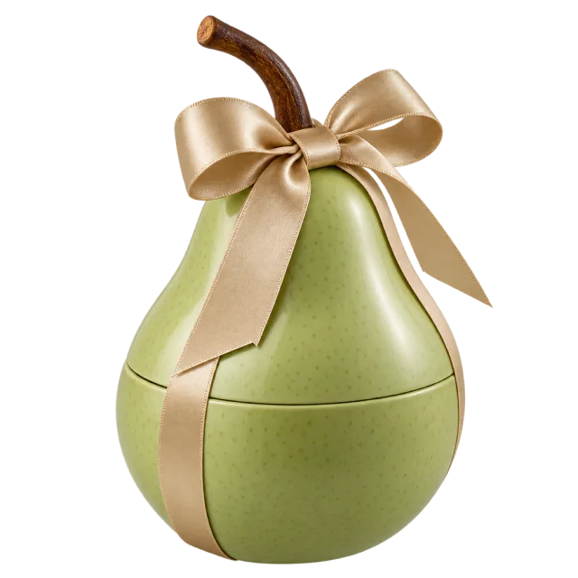 A pale green pear-shaped box with a brown stem and a gold ribbon bow