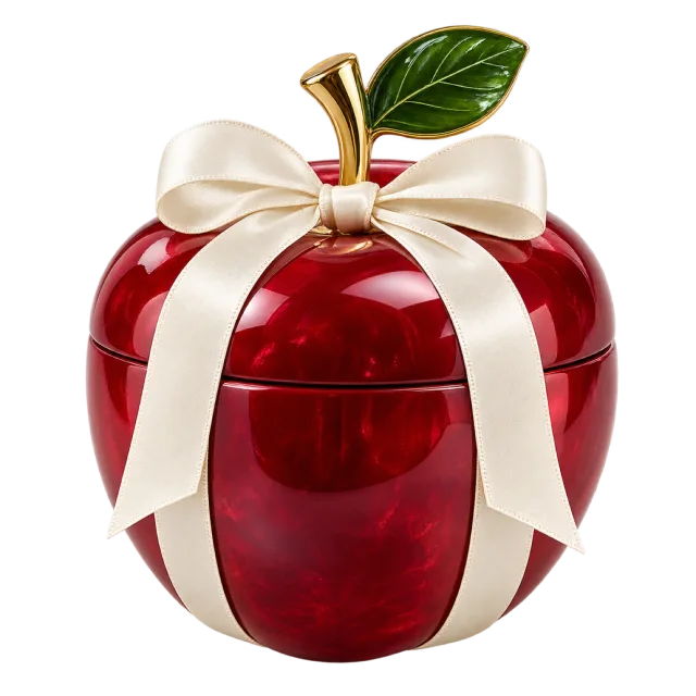 A glossy red apple-shaped box with a green leaf and a cream ribbon bow