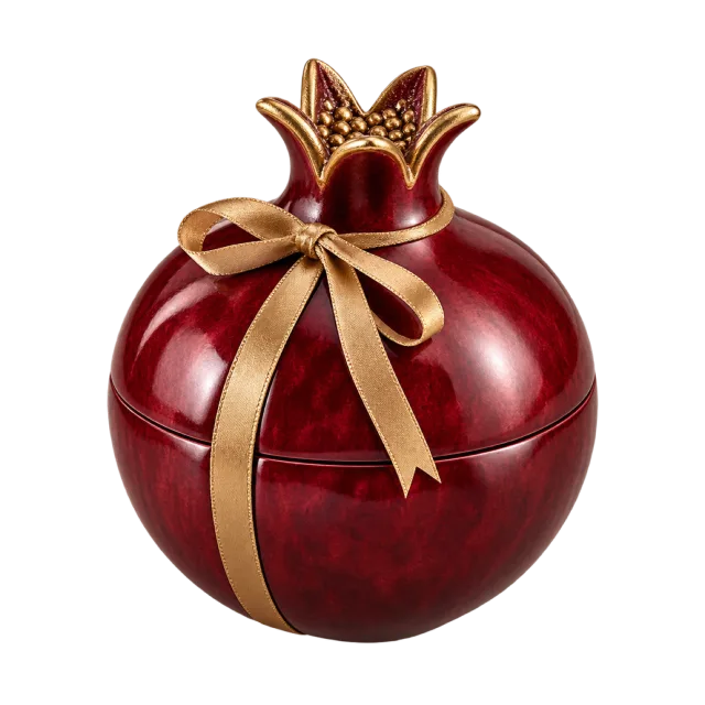 A deep red pomegranate-shaped box with a pointed crown and a gold ribbon