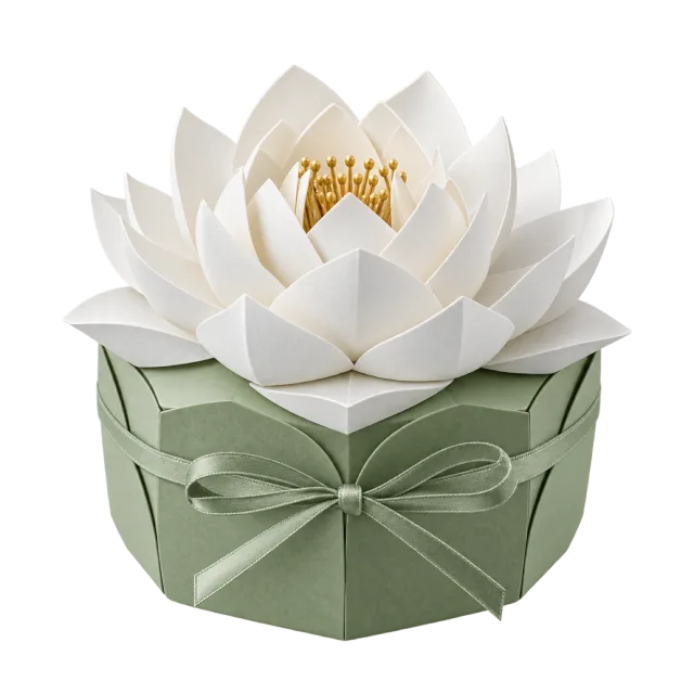 A green round box topped with a white waterlily flower and tied with a green ribbon