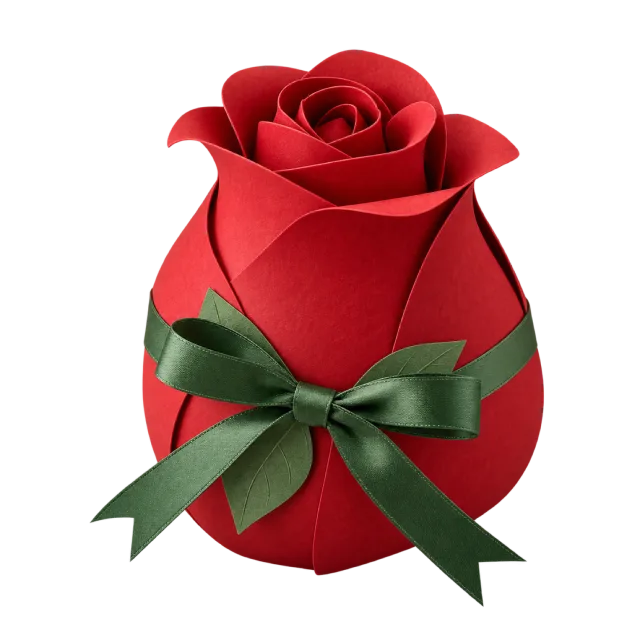 A red rosebud-shaped box with green leaves and a dark green bow