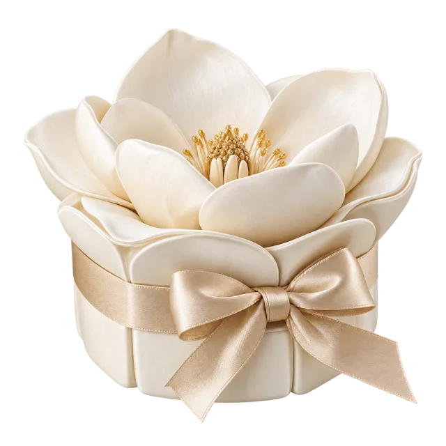 A cream flower-shaped box with broad white petals and a beige ribbon bow