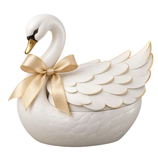 A white swan-shaped box with layered wings and a gold bow around its neck