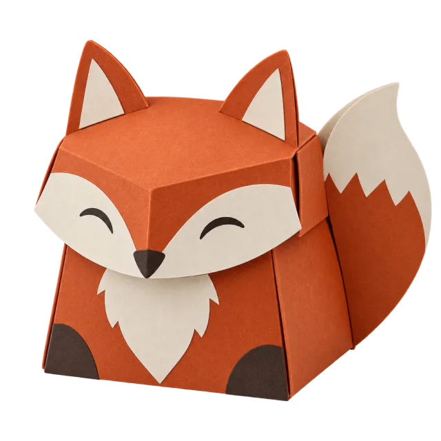 An angular orange fox-shaped box with pointed ears, a cream face and a raised tail