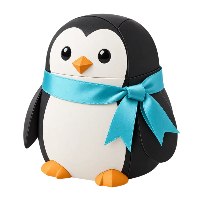 A black-and-white penguin-shaped box with orange feet and a turquoise ribbon