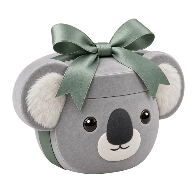 A gray koala-head box with round ears, a dark nose and a sage-green bow