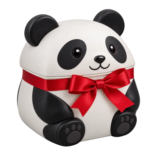 A seated black-and-white panda-shaped box with a red ribbon around its neck
