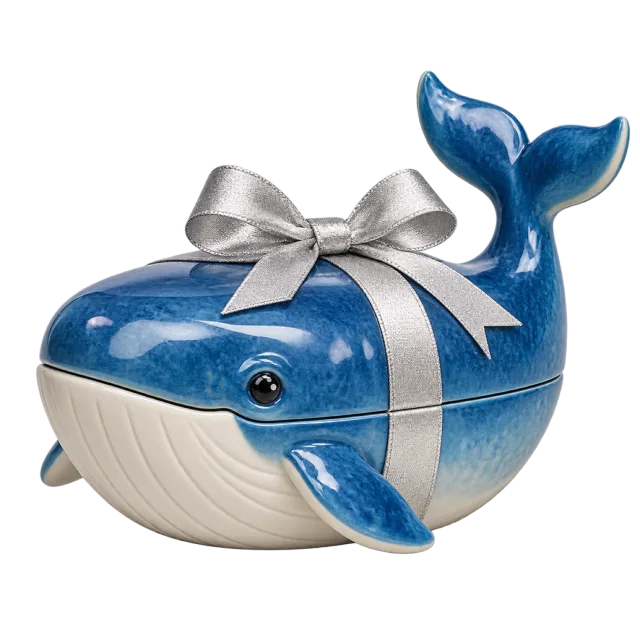A blue-and-white whale-shaped box with a raised tail and a silver bow