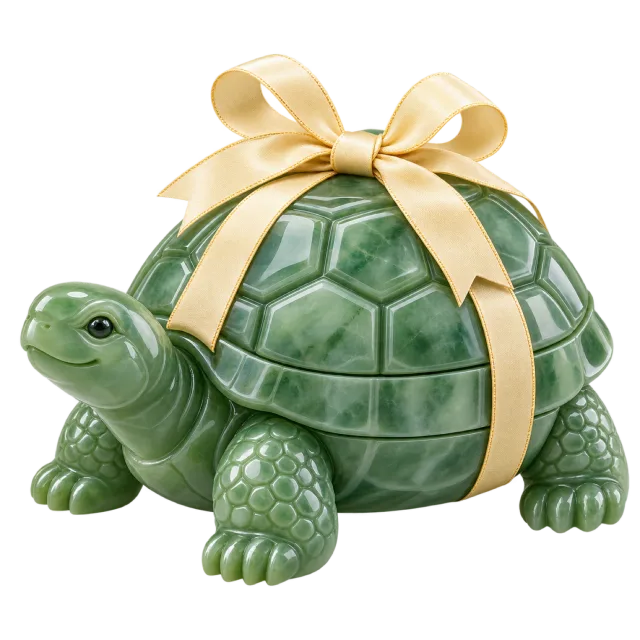 A green turtle-shaped box with a patterned shell and a pale yellow bow