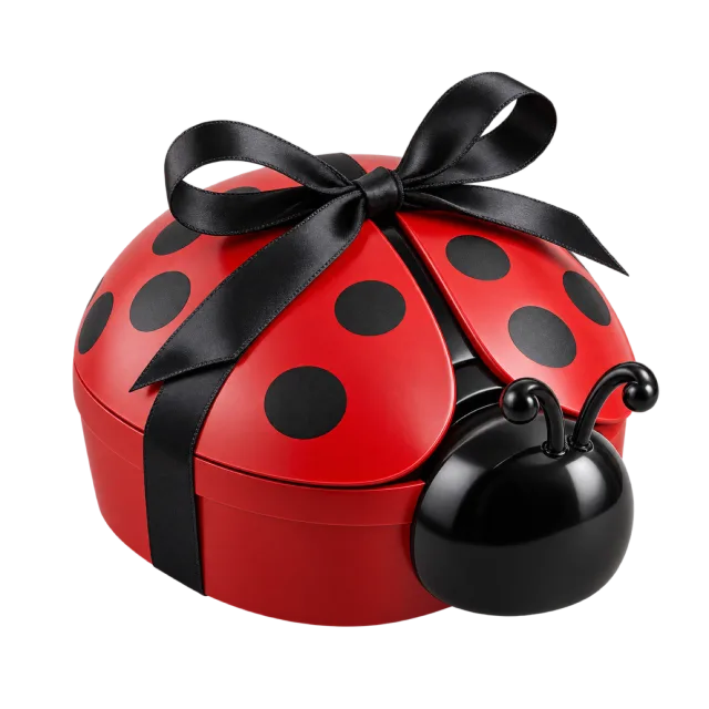 A red-and-black ladybug-shaped box with dark spots and a black bow