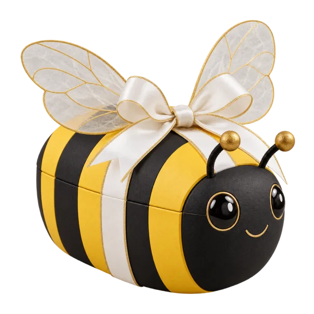 A yellow-and-black bee-shaped box with pale wings and a cream bow