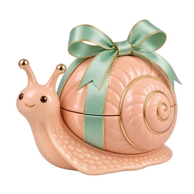 A peach snail-shaped box with a spiral shell and a mint-green ribbon