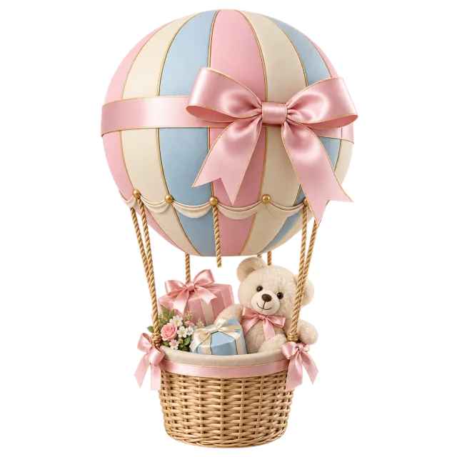 A pastel hot-air-balloon display with a pink bow and a woven basket of small gifts