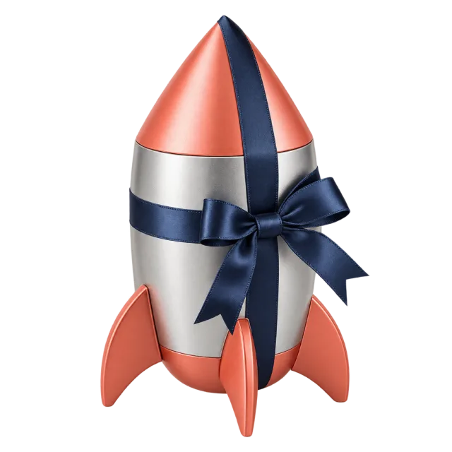 A silver rocket-shaped box with a red nose, red fins and a navy ribbon