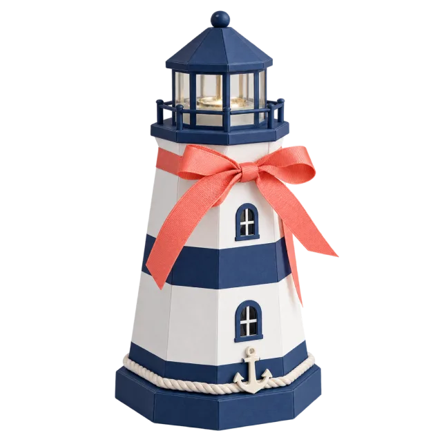 A blue-and-white striped lighthouse-shaped box tied with a coral ribbon