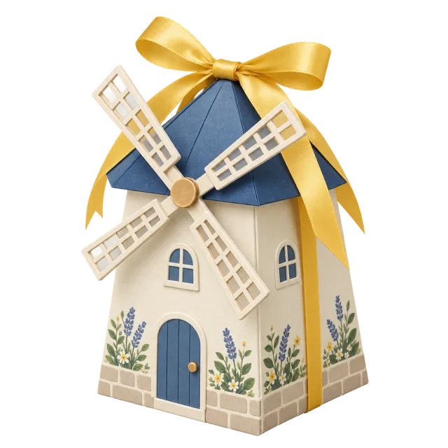 A cream windmill-shaped box with a blue roof, pale sails and a yellow bow